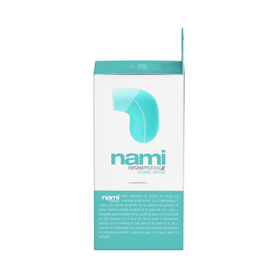 Packaging box of Vedo Nami Rechargeable Sonic Vibe in turquoise and white with product image and description in Spanish.