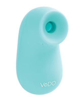 Compact Vedo Nami rechargeable sonic vibe in soft blue silicone with ergonomic design and circular stimulation head.