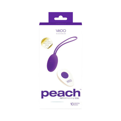 VeDO Peach rechargeable purple egg vibrator with remote control in white and purple packaging.
