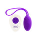 Purple VeDO Peach rechargeable egg vibe with white remote control on a white background.