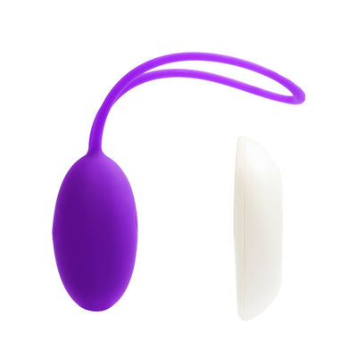Purple silicone rechargeable egg vibe with remote control in white, designed for discreet pelvic muscle toning and pleasure.