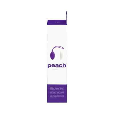 Packaging box of VeDO Peach Rechargeable Egg Vibe with purple and white design showing the product image and branding.