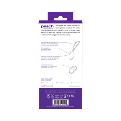 Packaging back of VeDO Peach Rechargeable Egg Vibe with product features and usage instructions in multiple languages.