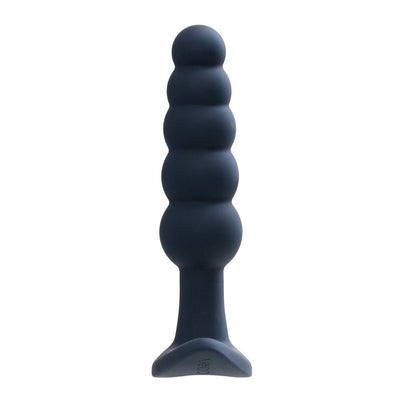 Black silicone vibrating anal plug with graduated rounded beads and flared base, designed for comfortable insertion and easy control.