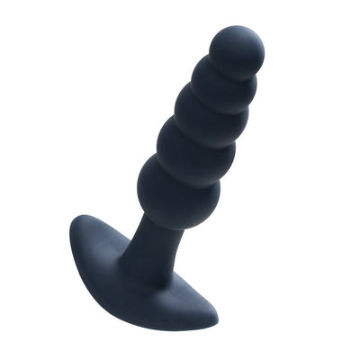 Black silicone anal plug with graduated beads and wide base, designed for comfortable and versatile use.