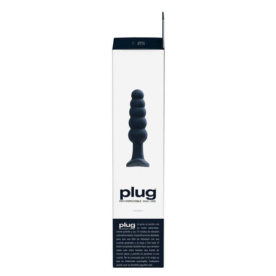 Packaging box of Vedo Plug rechargeable silicone vibrating anal plug with image and product details on white background.