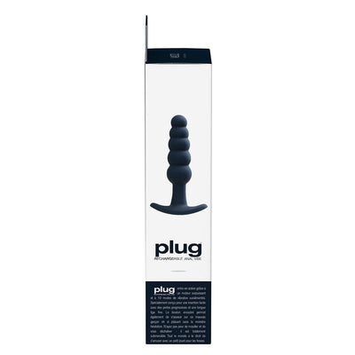 Packaging box of Vedo Plug rechargeable silicone vibrating anal plug with image and product details.