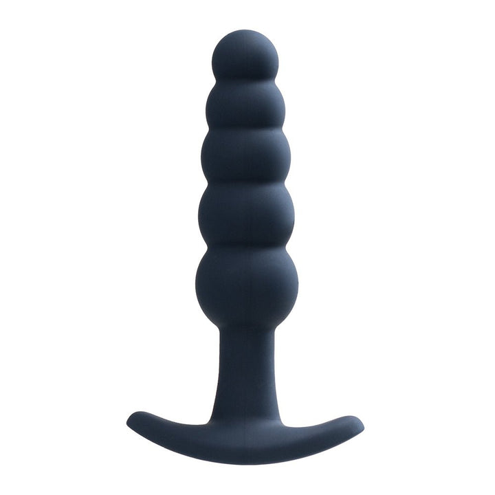 Black silicone anal plug with graduated beads and curved base for comfortable use.