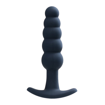 Black silicone anal plug with graduated beads and curved base for comfortable use.