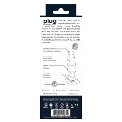 Packaging back of Vedo Plug rechargeable silicone vibrating anal plug with product features and usage instructions.