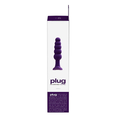 Packaging box of Vedo Plug rechargeable purple silicone vibrating anal plug with graduated beads design.