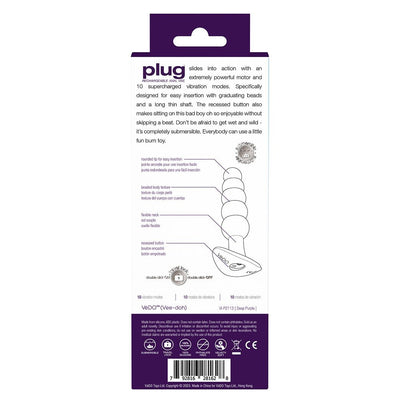 Back packaging of Vedo Plug rechargeable silicone vibrating anal plug with product features and usage instructions.