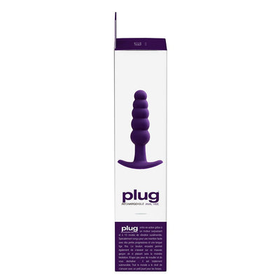 Packaging of Vedo Plug rechargeable silicone vibrating anal plug in purple with product image and description.