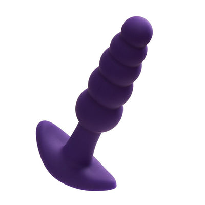 Purple silicone vibrating anal plug with graduated beads and flared base, designed for comfortable and versatile use.