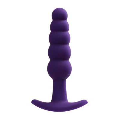 Purple silicone vibrating anal plug with graduated beads and a curved base for comfortable use.