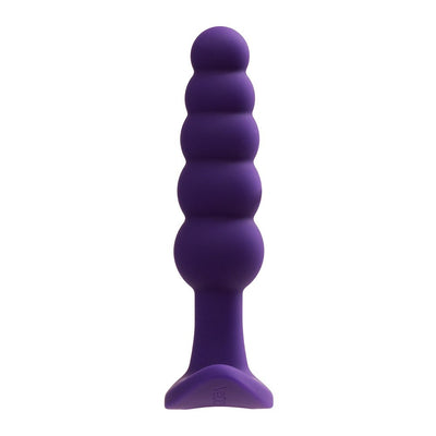 Purple silicone vibrating anal plug with graduated beads and flared base, designed for easy insertion and waterproof use.