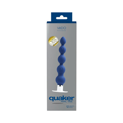 VeDO Quaker Anal Vibe in midnight blue with graduated beads and a white base, displayed in its packaging.
