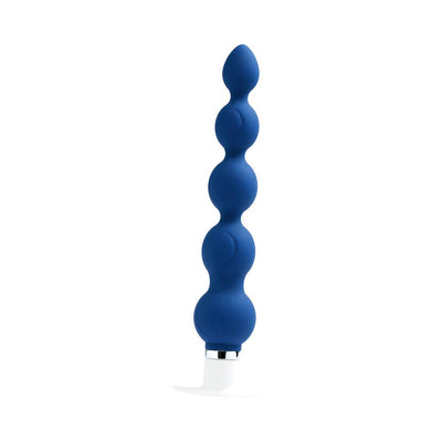 Blue silicone anal vibrator with graduated beads and tapered tip on white base with silver accent.