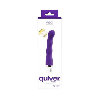 VeDO Quiver Mini Vibe in indigo with contoured textured shaft, displayed in white and purple retail packaging.