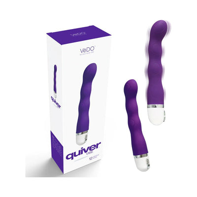 VeDO Quiver Mini Vibe in indigo with contoured textured shaft and white base, shown with packaging box on white background.