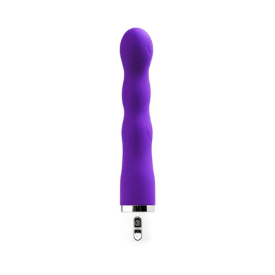 VeDO Quiver Mini Vibe in indigo with a contoured, textured silicone shaft and white base with control buttons.