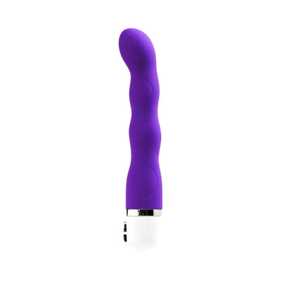 VeDO Quiver Mini Vibe in indigo with curved, textured silicone shaft and white base with control buttons.