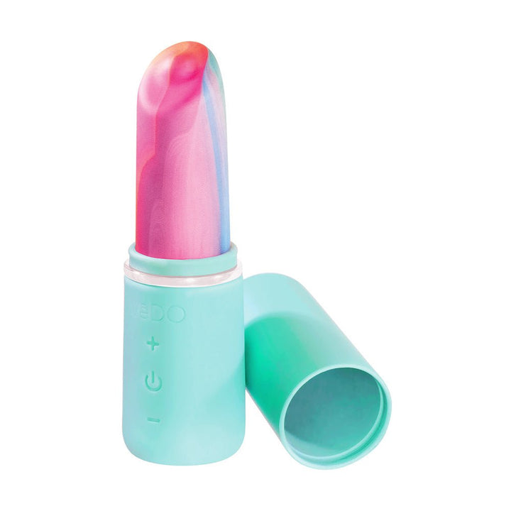 Vedo Retro rechargeable bullet vibrator in turquoise with a colorful silicone tip and removable cap.