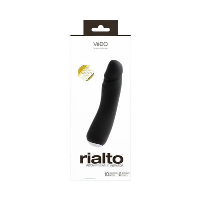 Black Rialto rechargeable vibrator in sleek packaging highlighting 10 vibration modes and 6 intensity levels.