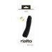 Black Rialto rechargeable vibrator in sleek packaging highlighting 10 vibration modes and 6 intensity levels.