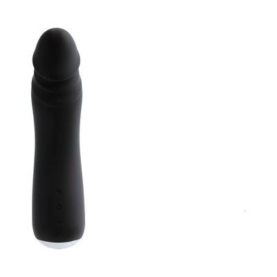 Black rechargeable silicone vibrator with a smooth, flexible shaft and ergonomic control buttons.