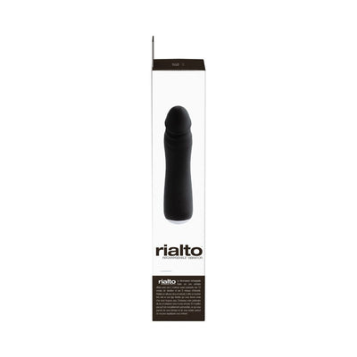 Black Rialto rechargeable vibrator in sleek packaging with product name and description on a white background.