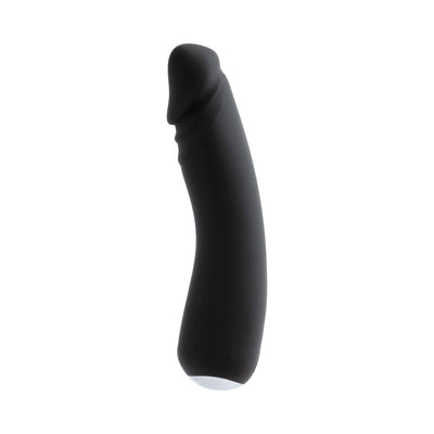 Black rechargeable vibrator with a smooth, curved design and subtle texture for enhanced comfort and pleasure.