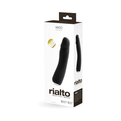 Packaging of Vedo Rialto Rechargeable Vibe in black with product image and features displayed on a white box.
