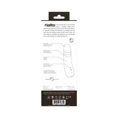 Back packaging of Vedo Rialto Rechargeable Vibe in Black Pearl with product features and specifications.