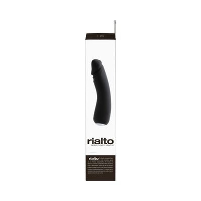 Vedo Rialto Rechargeable Vibe in black with ergonomic curved design shown in clear retail packaging.