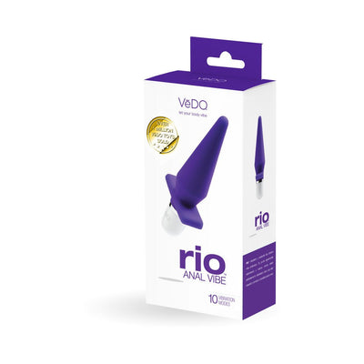 VeDO Rio Anal Vibe in indigo with tapered tip shown on white packaging highlighting 10 vibration modes and waterproof design.
