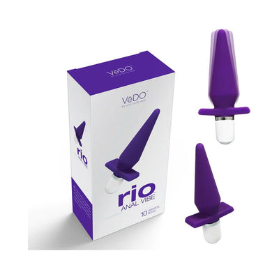 VeDO Rio Anal Vibe in indigo silicone with tapered design and white control base shown with packaging box.