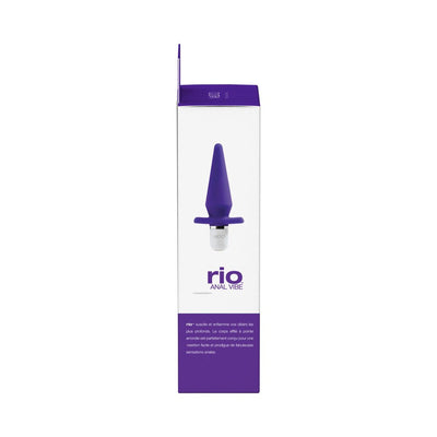 VeDO Rio Anal Vibe in indigo with tapered silicone design shown in its purple and white retail packaging.