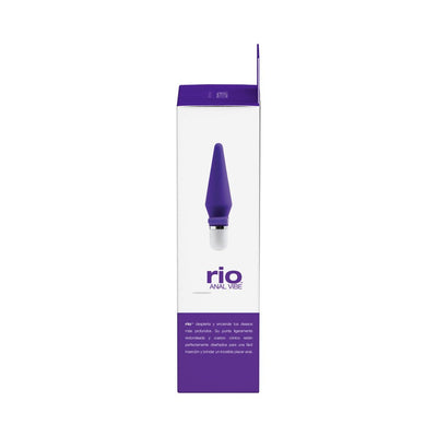 VeDO Rio Anal Vibe in indigo with tapered silicone design shown on white and purple retail packaging.