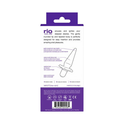 Back packaging of VeDO Rio Anal Vibe in indigo, highlighting features like rounded tip, silicone body, waterproof seal, and 10 vibration modes.