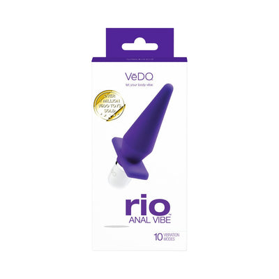 VeDO Rio Anal Vibe in indigo with tapered silicone design and 10 vibration modes shown in retail packaging.