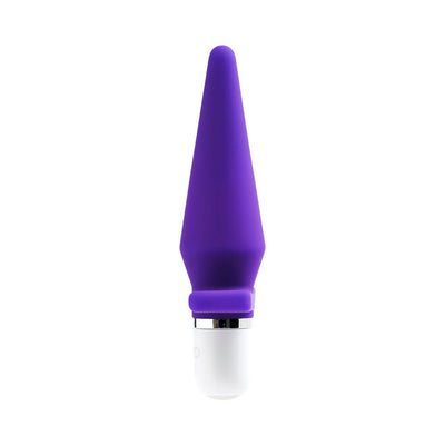 Compact indigo silicone anal vibrator with tapered tip and white base, designed for easy control and comfortable use.