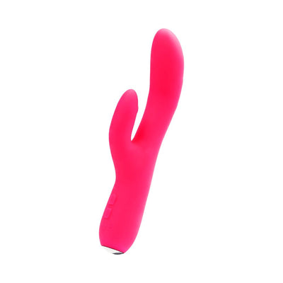 Pink rechargeable dual motor silicone vibrator with curved shaft and flexible clitoral stimulator.