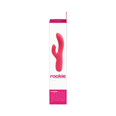 Pink rechargeable dual motor silicone vibrator in white and pink retail packaging.