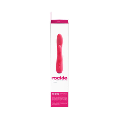 Pink Vedo Rockie Rechargeable Dual Vibe in sleek packaging with dual motors and curved design for targeted stimulation.