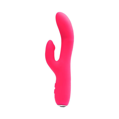 Bright pink rechargeable dual motor silicone vibrator with curved shaft and flexible clitoral stimulator.