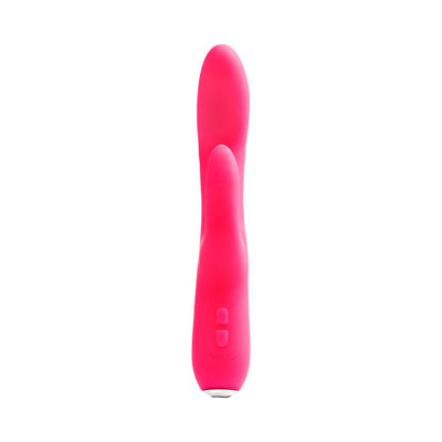 Bright pink dual motor silicone vibrator with curved shaft and flexible clitoral stimulator, featuring control buttons on the handle.