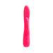Bright pink dual motor silicone vibrator with curved shaft and flexible clitoral stimulator, featuring control buttons on the handle.
