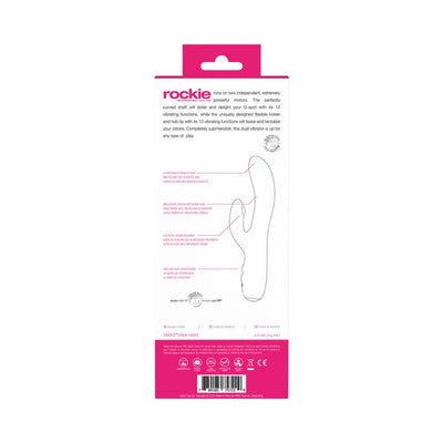 Packaging back of Vedo Rockie Rechargeable Dual Vibe showing product features and usage instructions in pink and black text.