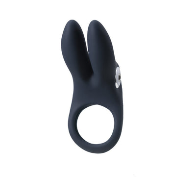 Black silicone vibrating ring with dual bunny ears and a silver button detail, designed for intimate use.